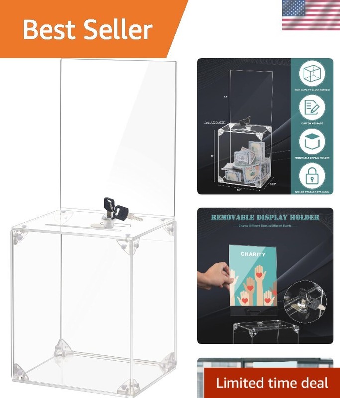 Polished Acrylic Donation Box with Clear Sign Holder and Lock for Raffles & Tips