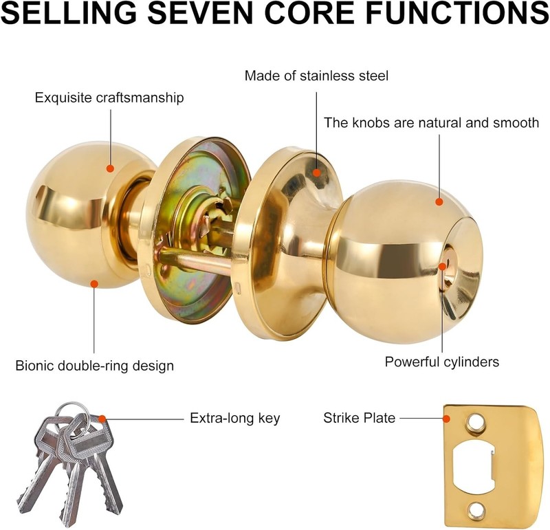 Door Lock Set, Stainless Steel Round Ball Door Handle, Front Door & Bedrooms. gallery