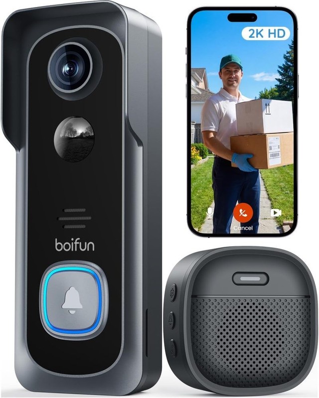 Wireless Doorbell Camera 2K No Subscription 166° Wide Angle, HDR Night Vision