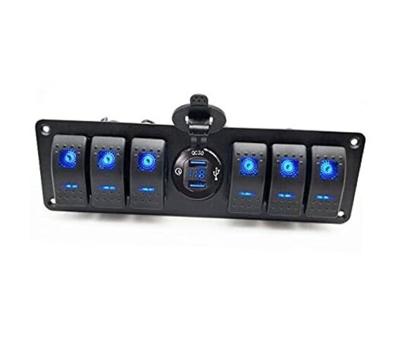 6 Gang Waterproof Rocker Switch Panel QC 3.0 USB Charger Digital Voltmeter Blue