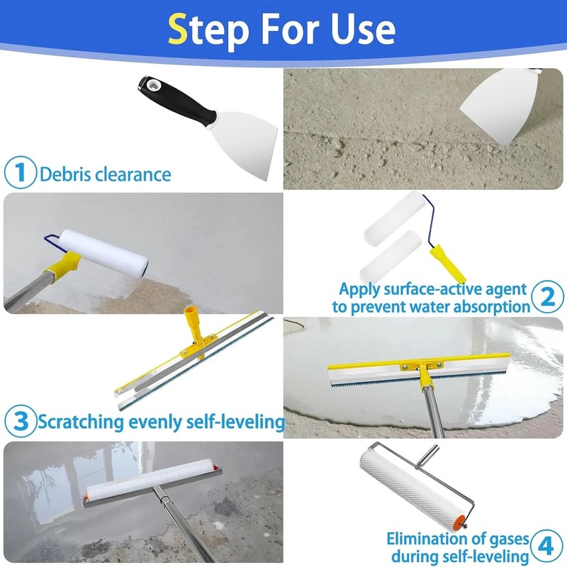 Self Leveling Concrete Tools, Stainless Steel Epoxy Squeegee, Spiked Roller for gallery