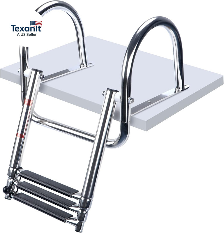 3 Steps Pontoon Boat Ladder, Stainless Steel Folding Telescoping Rear Entry Inbo