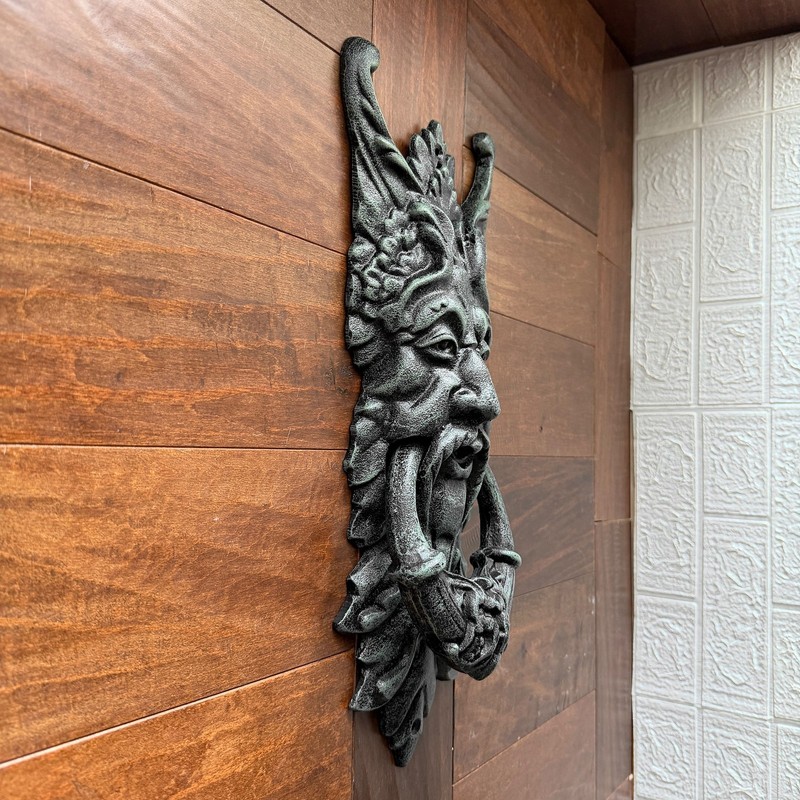 Gothic Green Man Door Knocker Verdigris Cast Iron 19 in Wall Mounted gallery