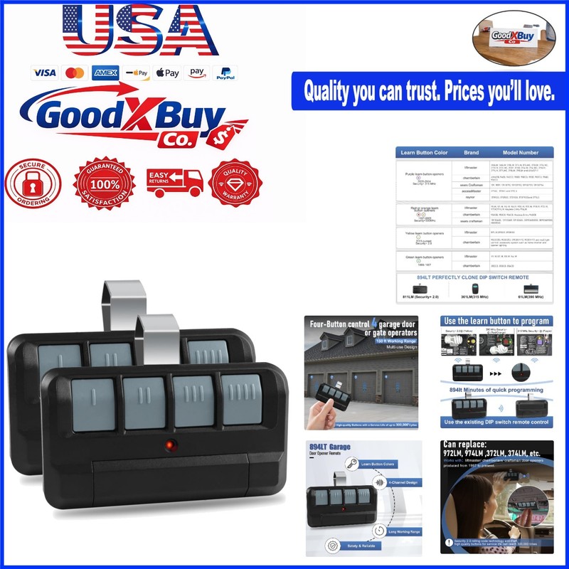 2 Pack Garage Door Remote for Liftmaster & Chamberlain, 4-Button Security+ 2….