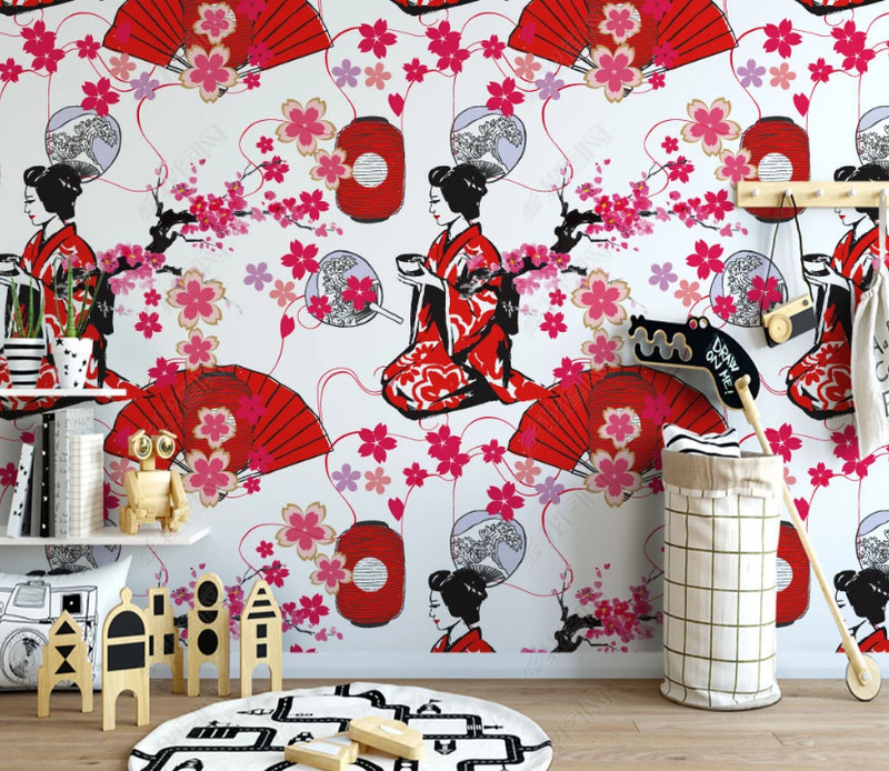 3D Japan Tradition Woman Self-adhesive Removeable Wallpaper Wall Mural
