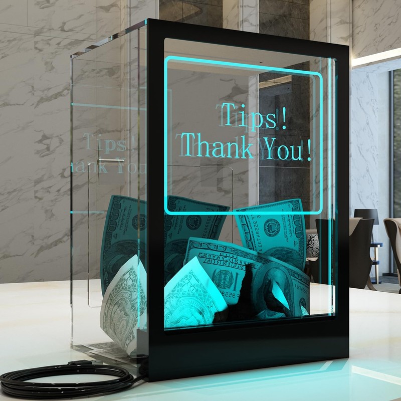 Tip Jar with 2 Sign Holders, LED Light & Lock for Bar & Party, Donation Box w…