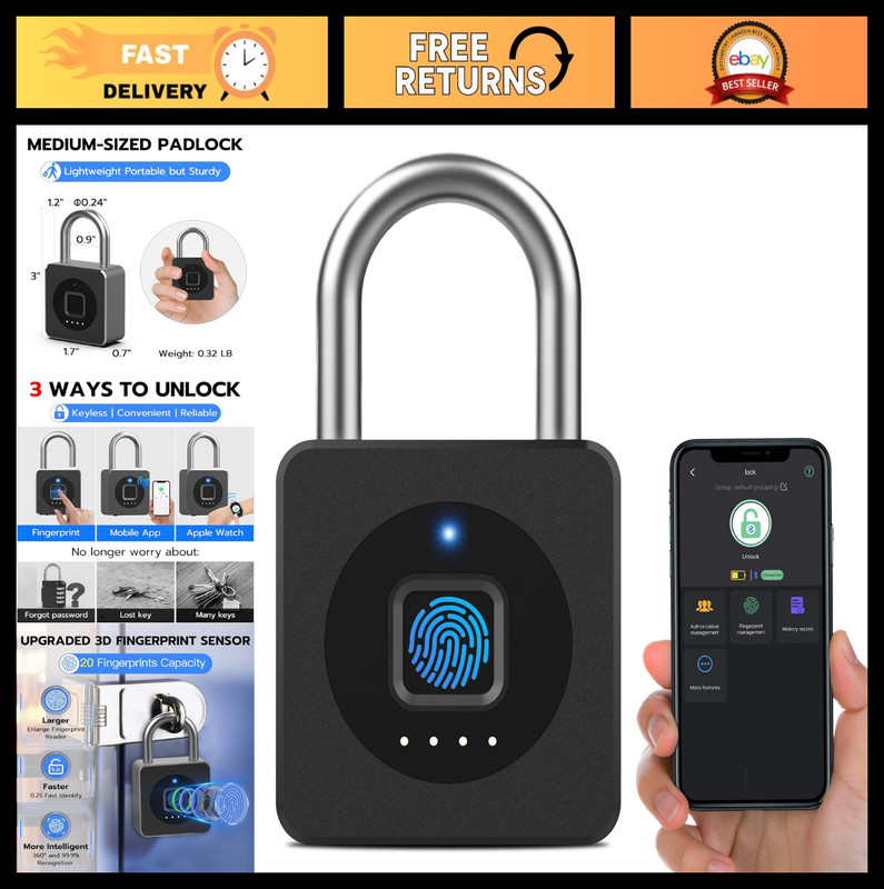 Keyless Biometric Fingerprint Lock – Weatherproof Smart Padlock for Gym, Gate, S