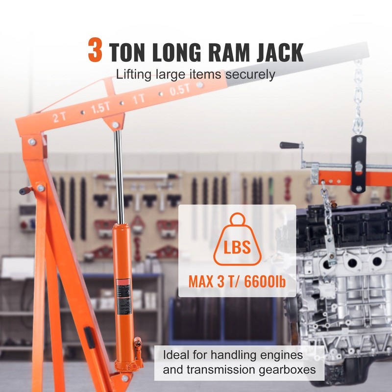 Hydraulic Long Ram Jack, 3 Ton Engine Hoist Cylinder with Single Piston Pump And