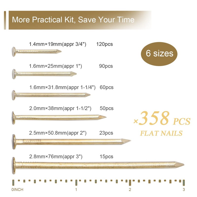 6 Sizes Gold Hardware Nails Assortment Kit, 358pcs, Brass Plated, Nails for Hang gallery