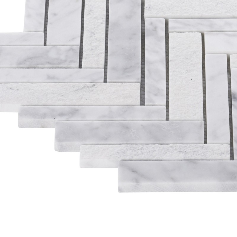 White Calacatta Stone Marble Texture Blended Herringbone Mosaic Tile Backsplash gallery