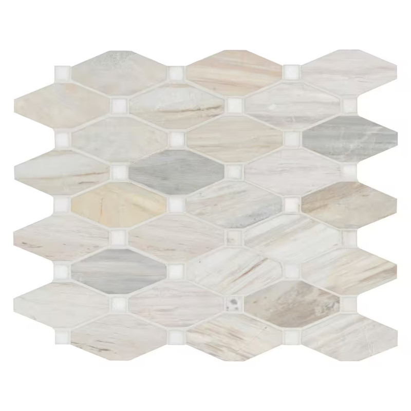 Angora Elongated Octagon 12 In. X 13 In. X 0.38 In. Polished Marble Mesh-Mounted