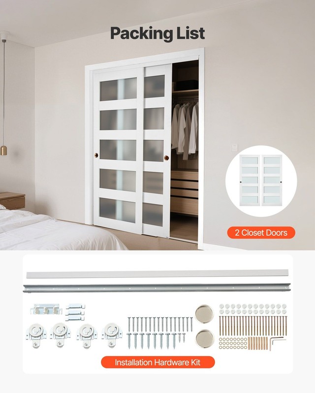 Sliding Closet Doors 60"x80", Solid Wood & MDF with Frosted Glass & Hardware Kit gallery