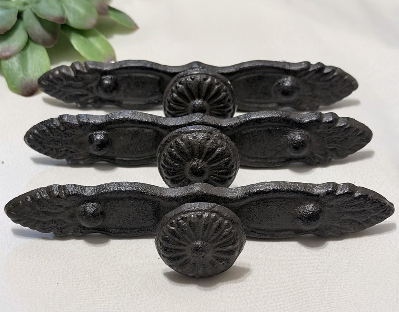 3 Large Rustic Cast Iron Cabinet Pulls Metal Drawer Pulls Vintage Hardware gallery