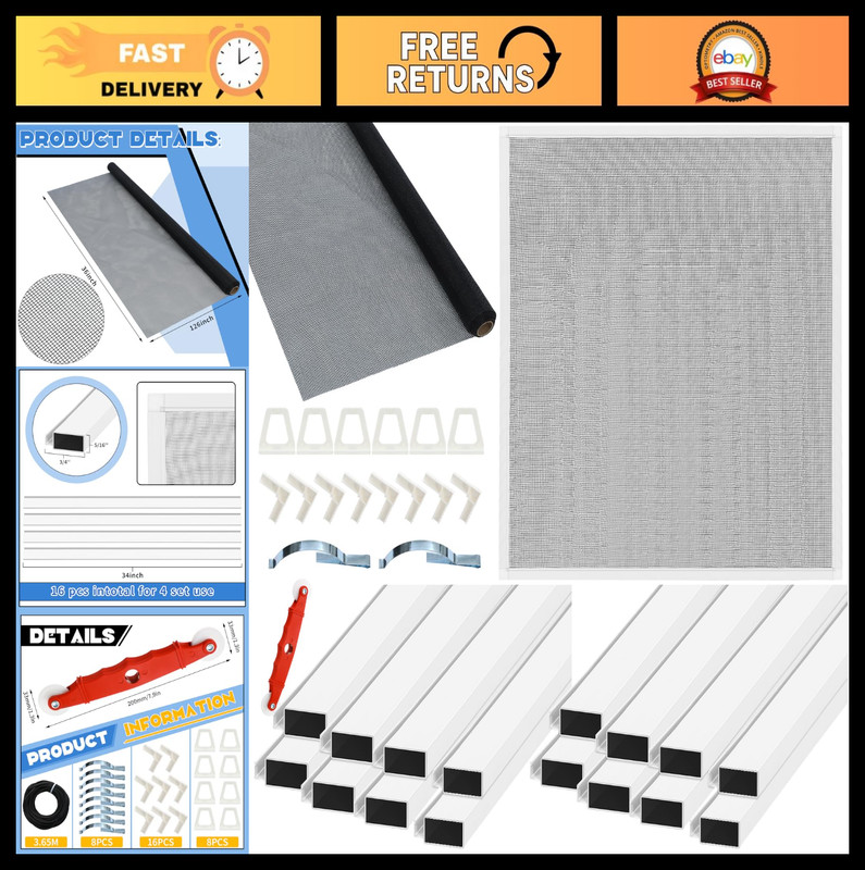 4 Pack Window Screen Kit – 32″x32″ Aluminum Frame, Mesh, Corners, Tools & Spline