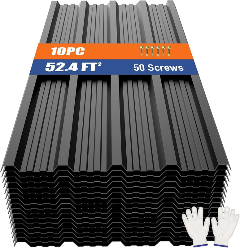 Metal Roofing Panels 10Pcs 52.4 Ft², Black Corrugated Galvanized Steel Roof Pane gallery