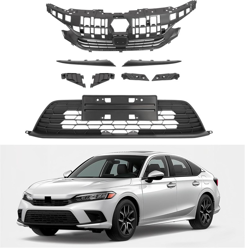Front Grille Upper & Lower Compatible with 2022 2023 Honda Civic Front Bumper