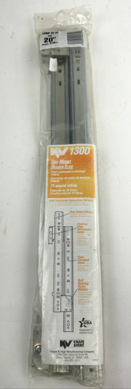 Drawer Slide 20″ Inch Side Mount Knape & Vogt KV 1300 75 lbs NEW 1 Set U.S.A.