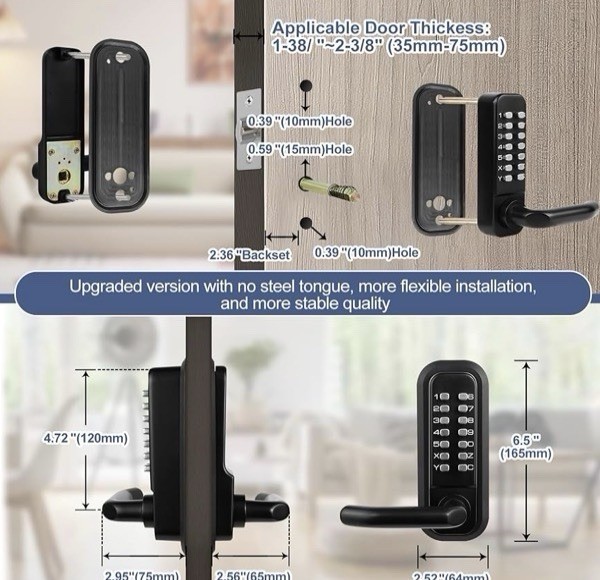 Mechanical Keyless Door Lock Waterproof Matte Black Handle Universal Auto-Lock gallery