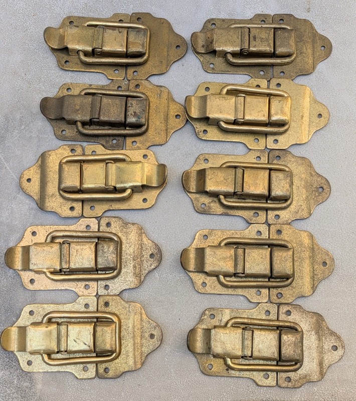 Chest latches (drawbolt latches), brass plated steel, ugly but sturdy