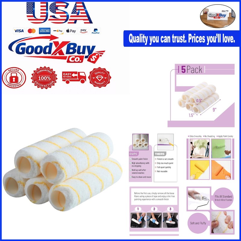 Paint Roller Covers 1/2X9 In 5 Pack – Microfiber Naps for All Paints and Stai…