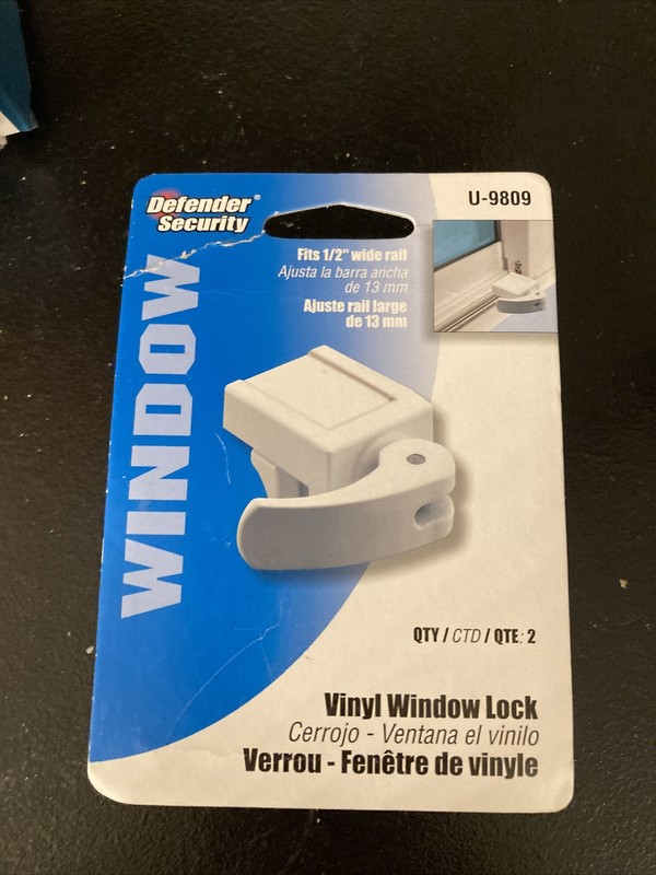 Vinyl Window Lock Defender Security U-9809 Fits 1″ Wide Rail 2-Pack White, NEW