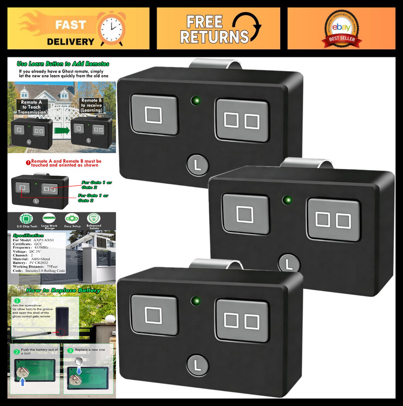 5-Button & 3-Button Remote Transmitter for Automatic Gate Openers – 3PCS Black
