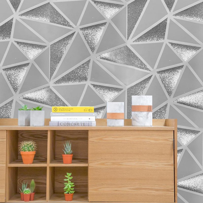Modern Wallpaper Gray white silver Metallic glitter Textured Geometric Triangle
