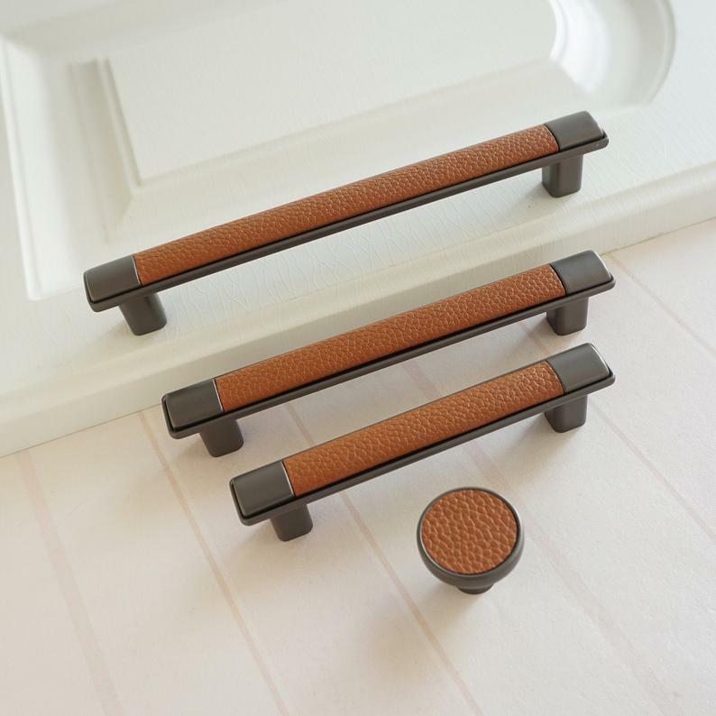 Brown Leather Handle Simple Style Dresser Wardrobe Cabinet Drawer Handles gallery