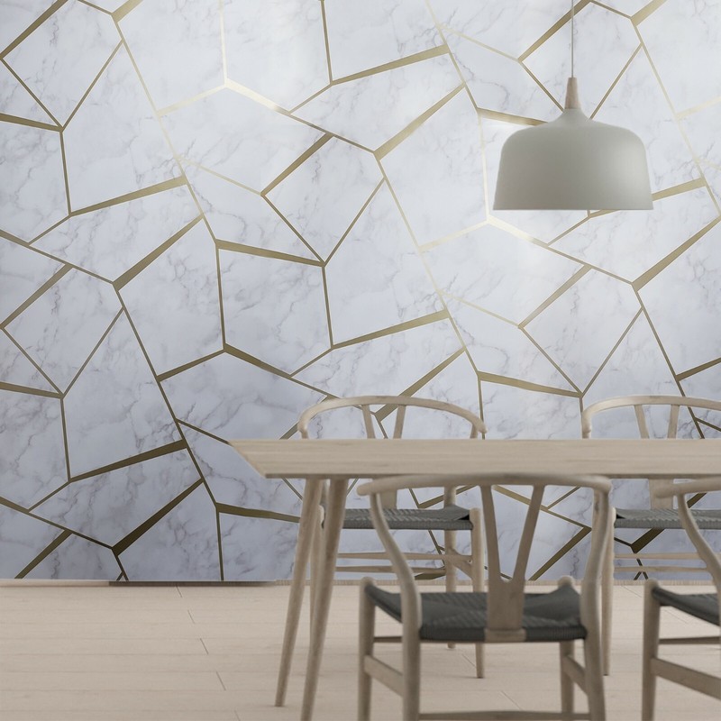 Triangle Geometric lines wallpaper white gray bronze metallic faux marble stone