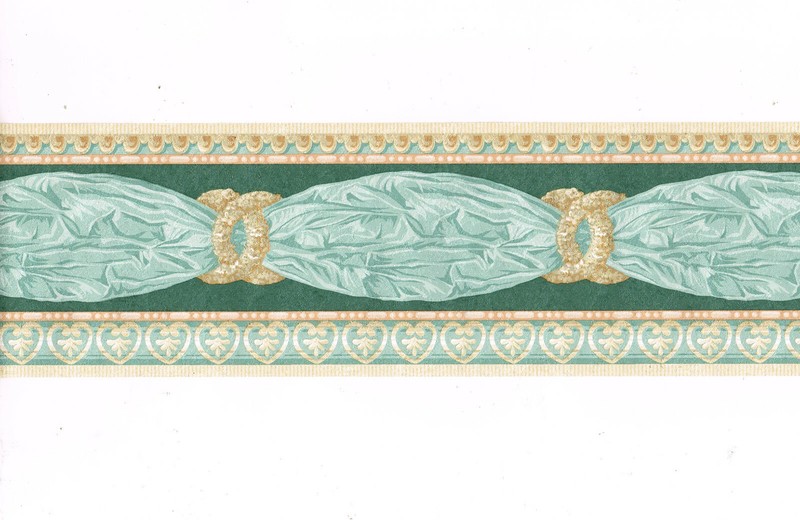 Victorian Green Gold Drapery Drape Valance Frosted Silk Satin Wallpaper Border
