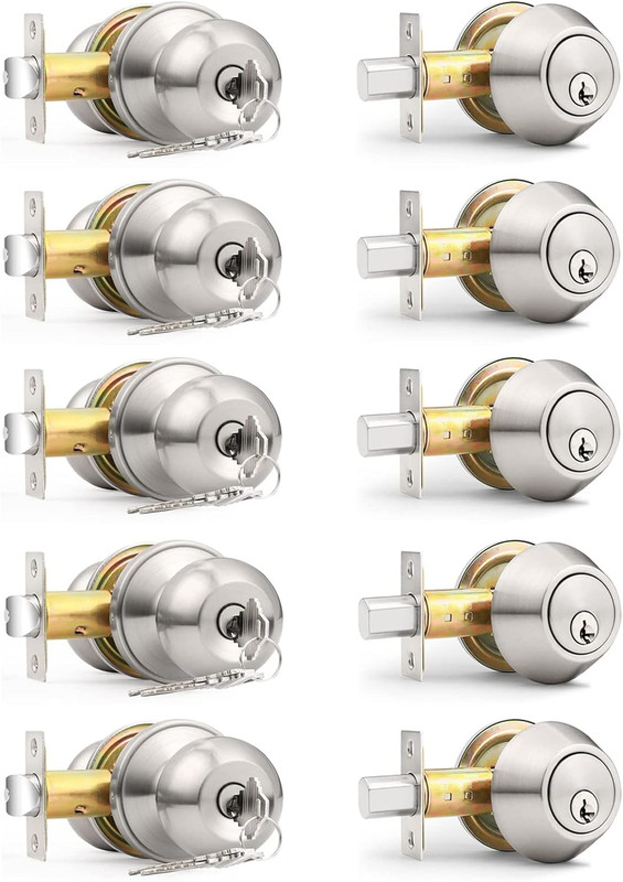 5 Sets-Keyed Alike Entry Door Knob with Single Cylinder Deadbolts, Keyed Handles