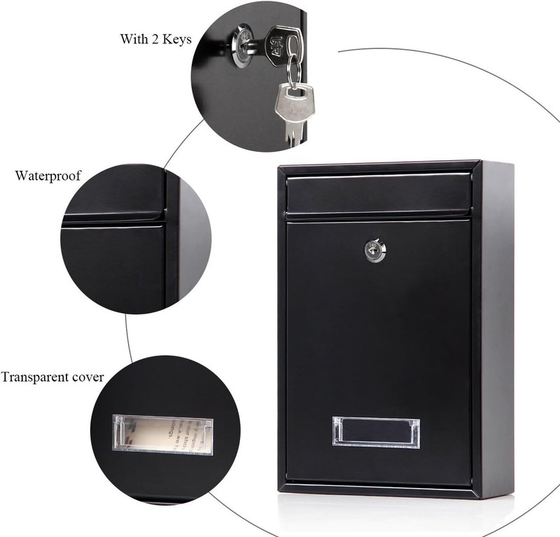 Secure Key Lock Drop Mailbox, Medium Capacity, Weatherproof Black Steel Design gallery