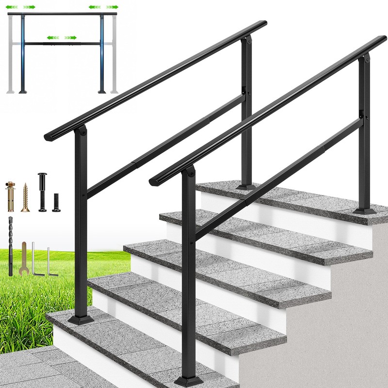 Outdoor Stair Handrail 5 Step Adjustable Railing Galvanized Steel Black 2 Pack