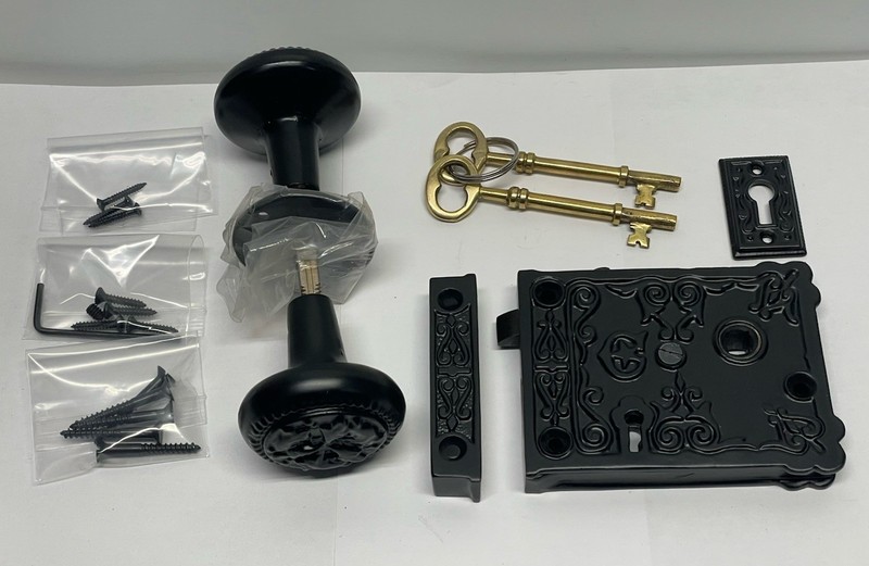 Antique Style Ornate Rim Latch Door Lock Set Skeleton Key Brass Black Iron Style