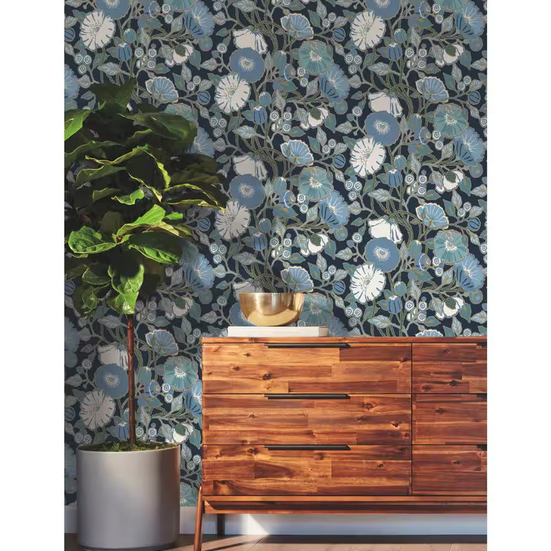 Vincent Poppies Indigo Multi-Colored Metallic Pre-Pasted Paper Wallpaper 60.75 S gallery