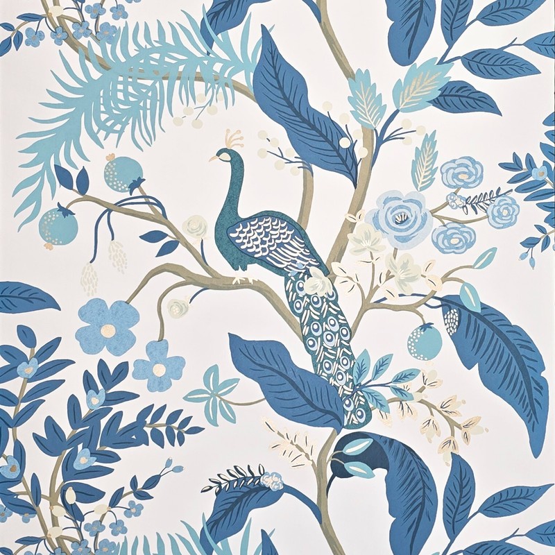 White blue Tropical tree branches leaves flowers peacock botanical Wallpaper 3D