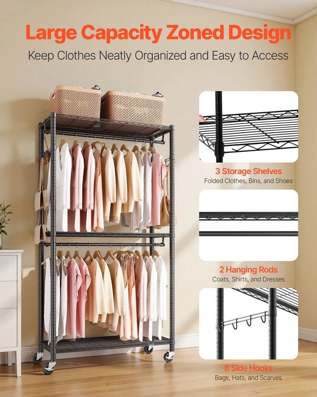 Rolling Clothes Rack, Heavy Duty Clothing Garment Rack, 3 Adjustable Tiers Clot