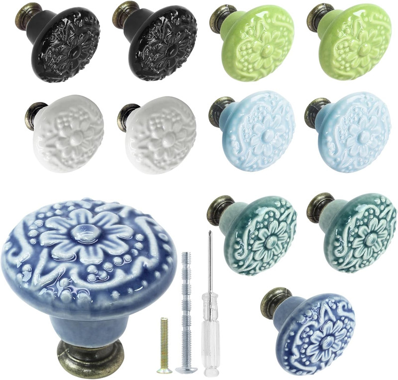 12 Pcs 6 Colors Ceramic Kitchen Cabinet Knobs and Pulls, Retro and Vintage Round