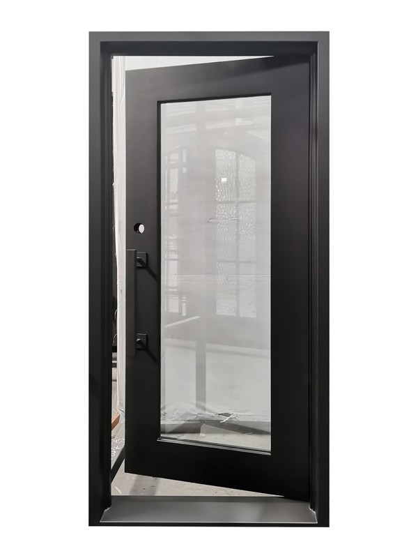 Belton Model Single Front Entry Wrought Iron Door Frosted Glass