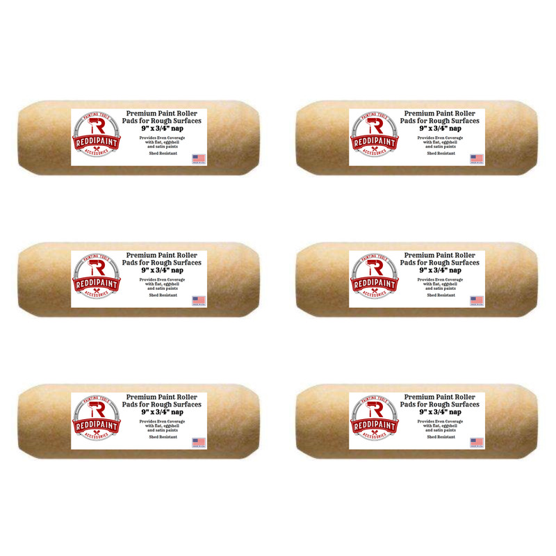 9 Inch ¾” Three Quarter Nap Paint Roller Pads Rollers by Reddipaint (6-Pack)