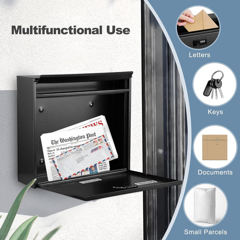 Secure Wall-Mounted Mailbox with Lock, Large Waterproof Black Postbox gallery