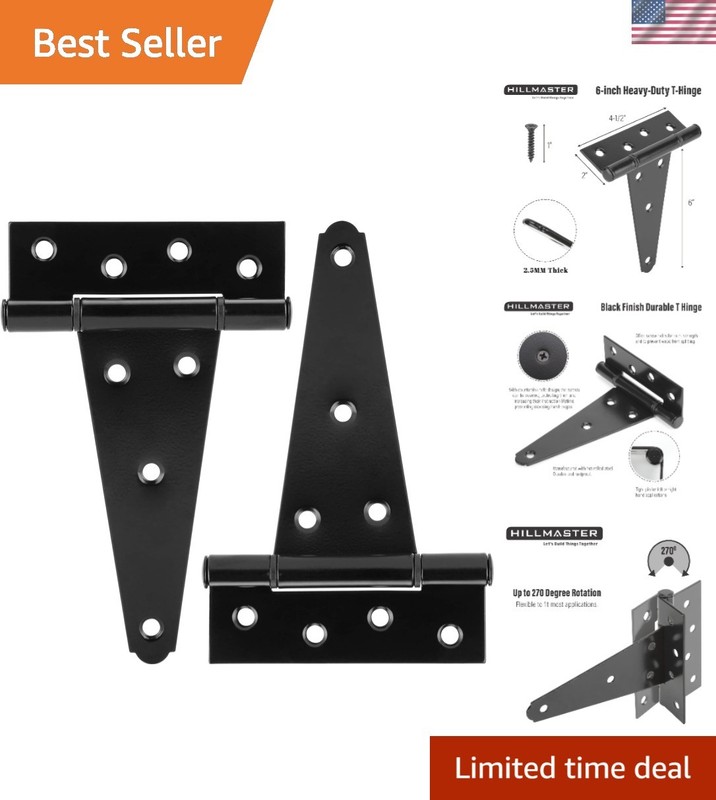 6-Inch Black T-Strap Hinges – 45 lbs Capacity for Garden Gates – 2 Pack