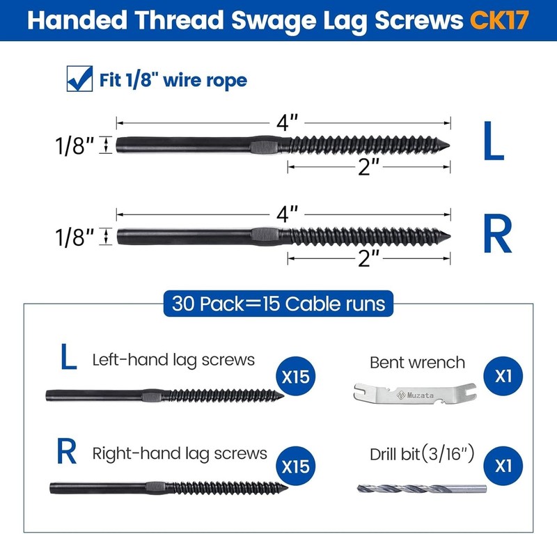 30 Pack 1/8" Black Cable Railing Hardware Kit Swage Lag Screws Left and Right... gallery