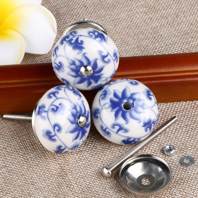 6pcs Ceramic Knobs Drawer Drawer Drawer Storage Handle Holder Blue White Flower gallery
