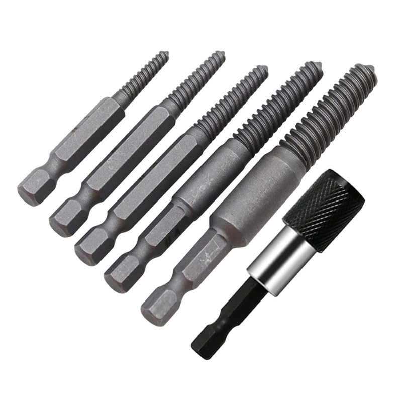 Woodworking hex shank headless screw extractor kit includes 5 different-size