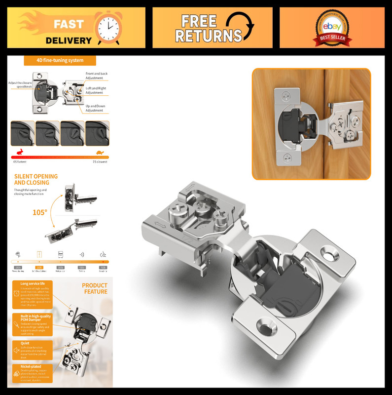 20 Pack 1/2″ Overlay Soft Close Concealed Hinges, Adjustable Speed, Satin Nickel