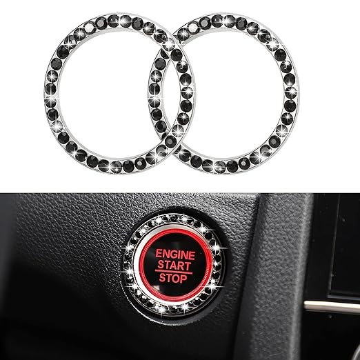 Car Keyless Push Start Button Cover Ring Cap 2pcs, Bling Rhinestone Diamond Engi