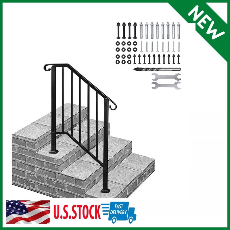 Wrought Iron Handrail Stair Railing Fit 2-3 Steps Adjustable Hand Rail Black