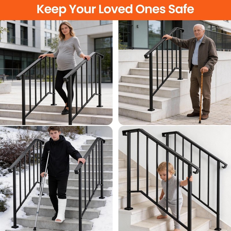 3-4 Steps Handrail Outdoor Stair Railing for Porch Deck Black Retro Arch 2PCS