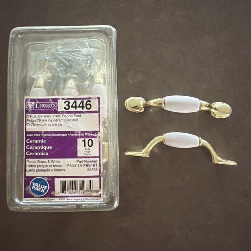 3-5 Inch Ceramic Insert Spoon Foot Drawer Cabinet Pull Lot of 2 White & Gold